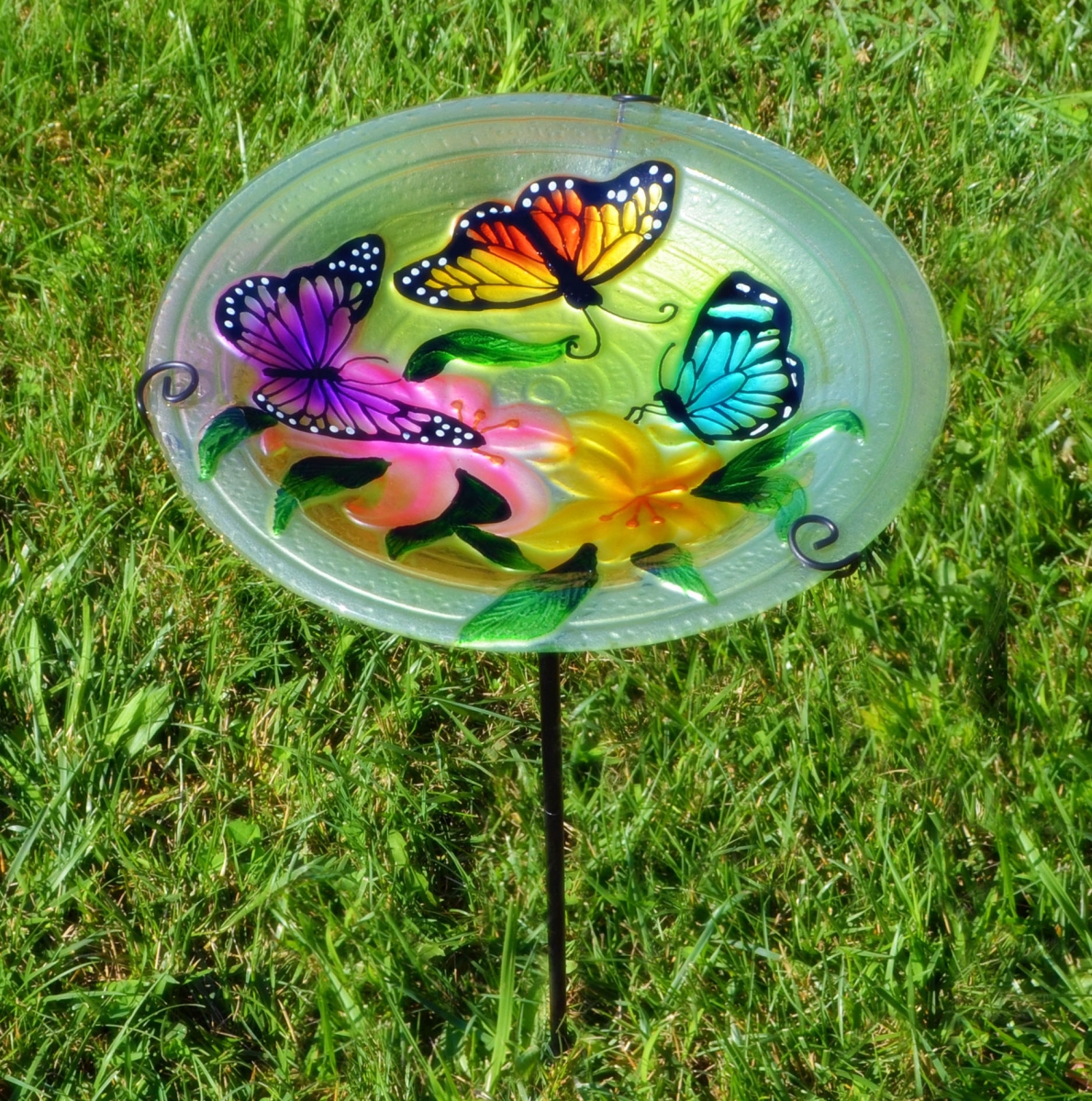 Embossed Butterfly Trio Glass Birdbath Staked